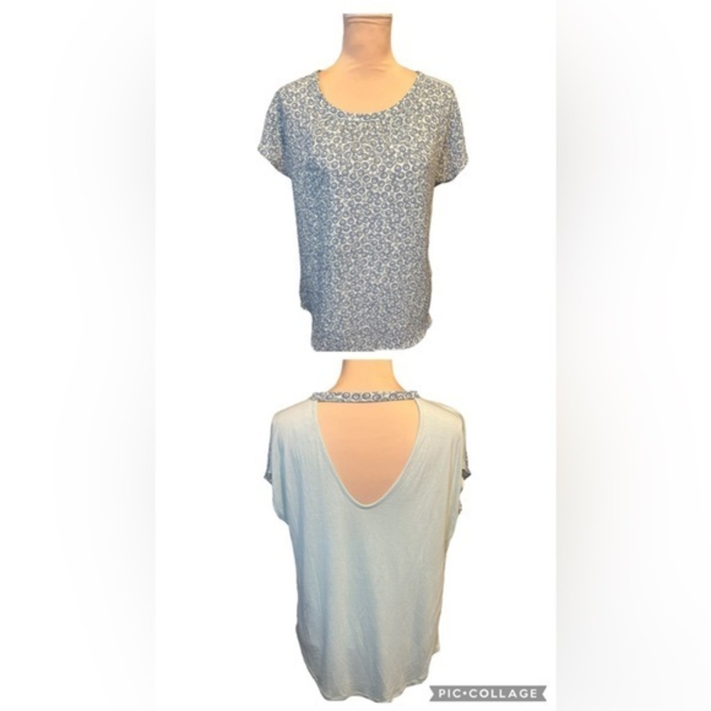 LOFT Womens Blue Green Print Short Sleeve Large Keyhole Back Large